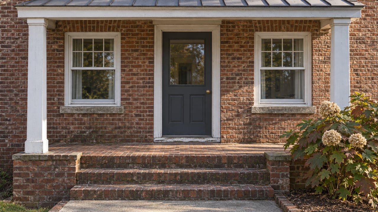 Morning light on a brick home's painted porch, charcoal front door, sash windows, and brick steps beside an oakleaf hydrangea.
