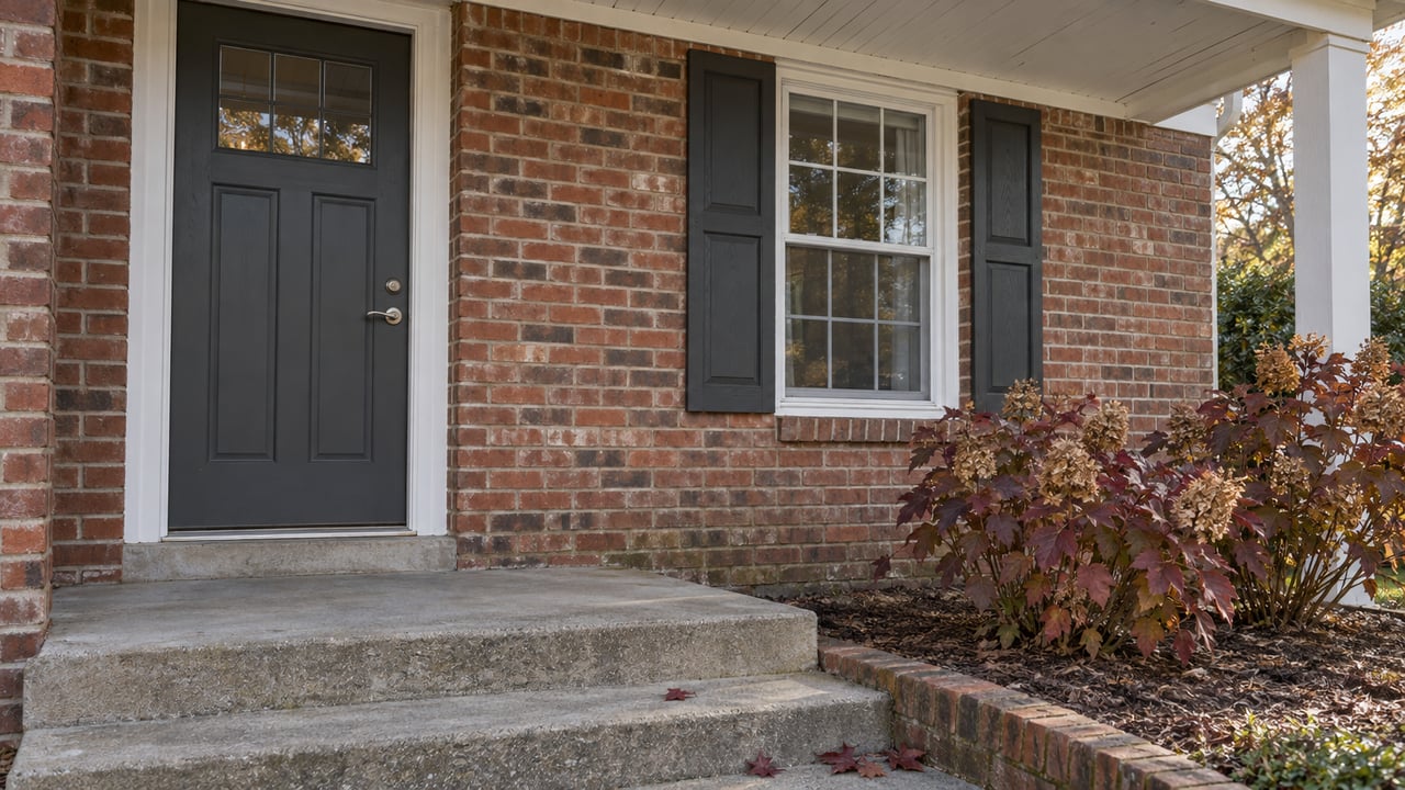 Brick home entry with a charcoal door, white-trimmed window, concrete steps, and burgundy oakleaf hydrangeas.