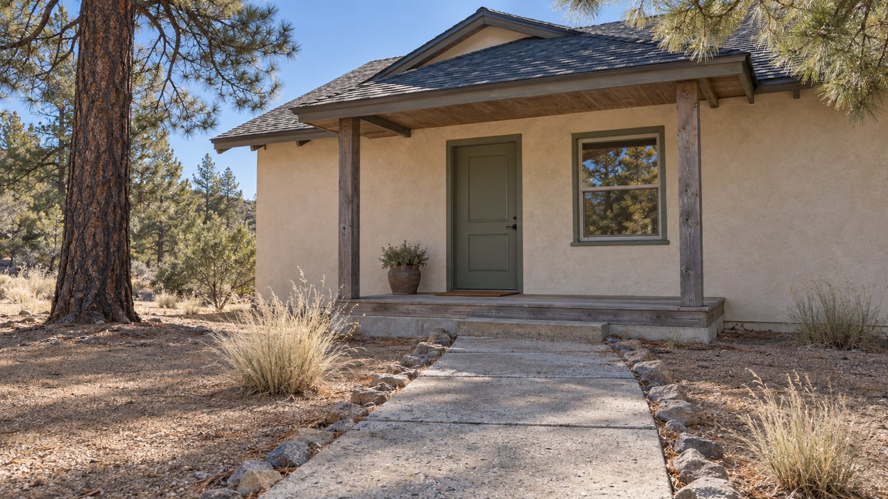 Stucco house with a sage door, timber-post porch, concrete path, and pines among dry grasses.