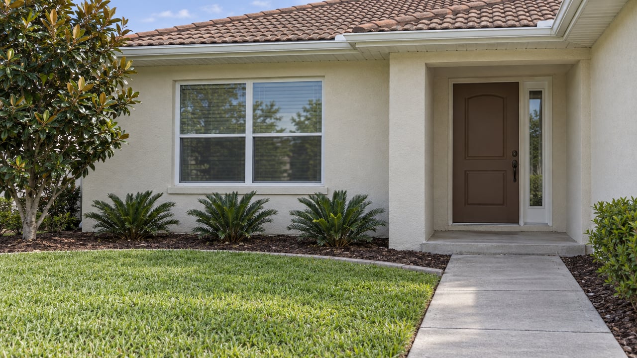 Ivory stucco home with a clay-colored tiled roof, shaded entry, concrete front walk, magnolia and coontie planting beside a green lawn.