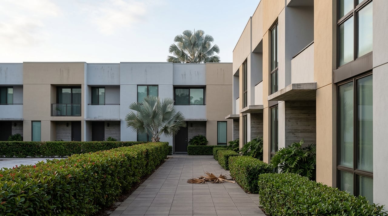 Rows of sand and gray townhomes face a paved mews, with a silver-blue palm rising between their rooflines.