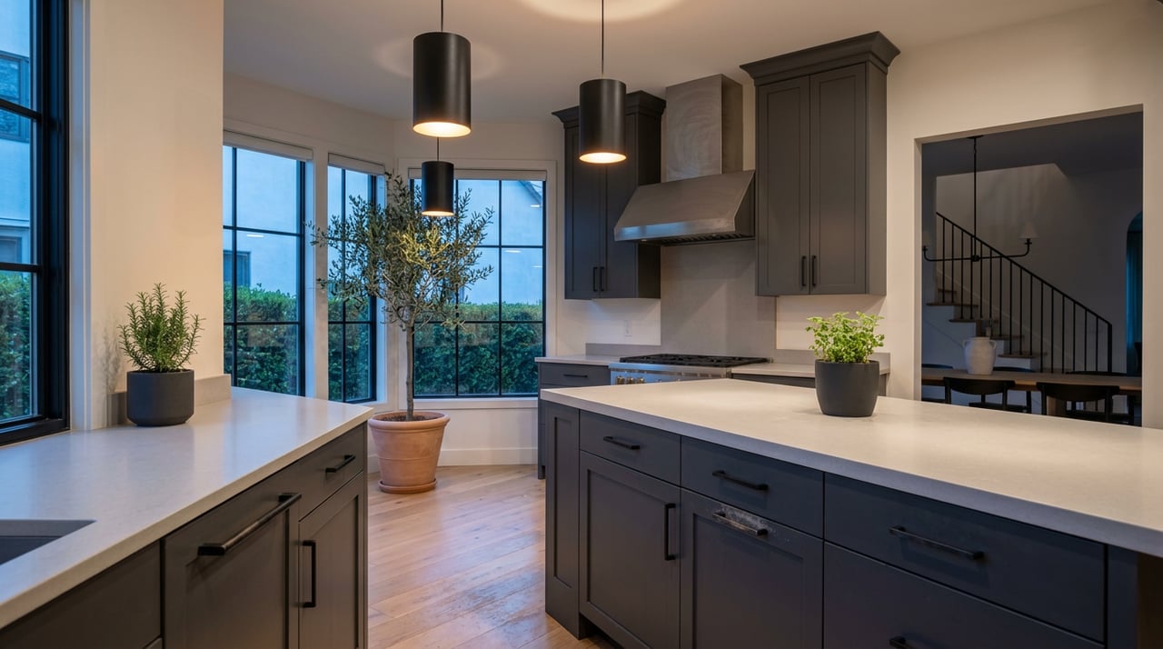 Kitchen island beneath three black pendant lights, with dark cabinetry, a window, and an olive tree.