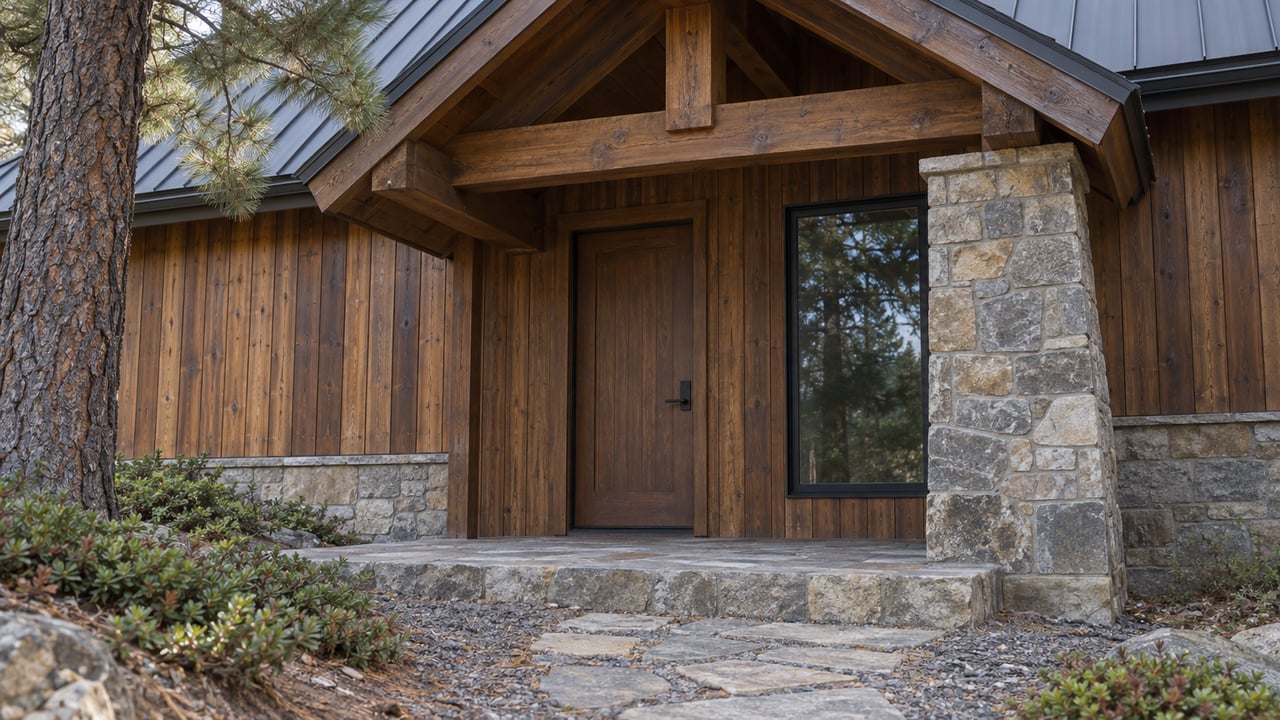Mountain-modern home entry with a cedar wall, closed wood door, dark picture window, and stone porch.