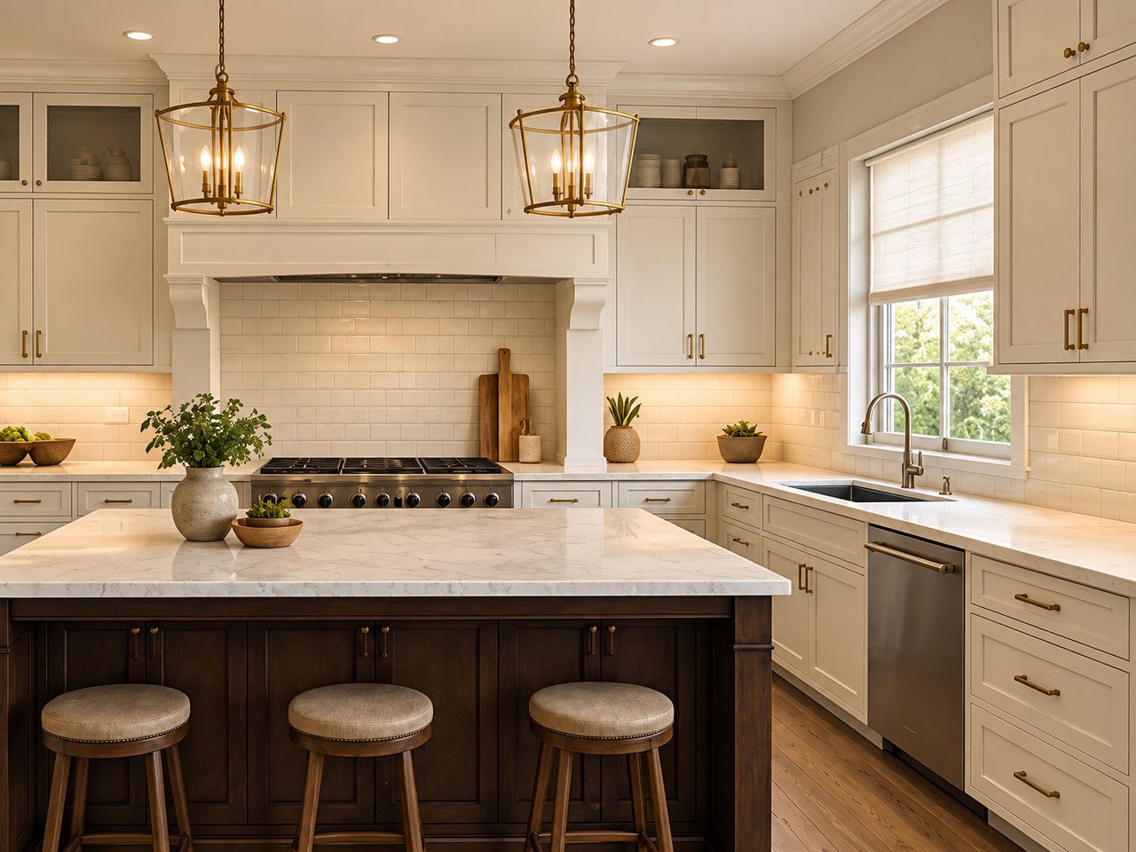 Bright white kitchen with a marble-topped dark wood island, brass pendants, and a large range.