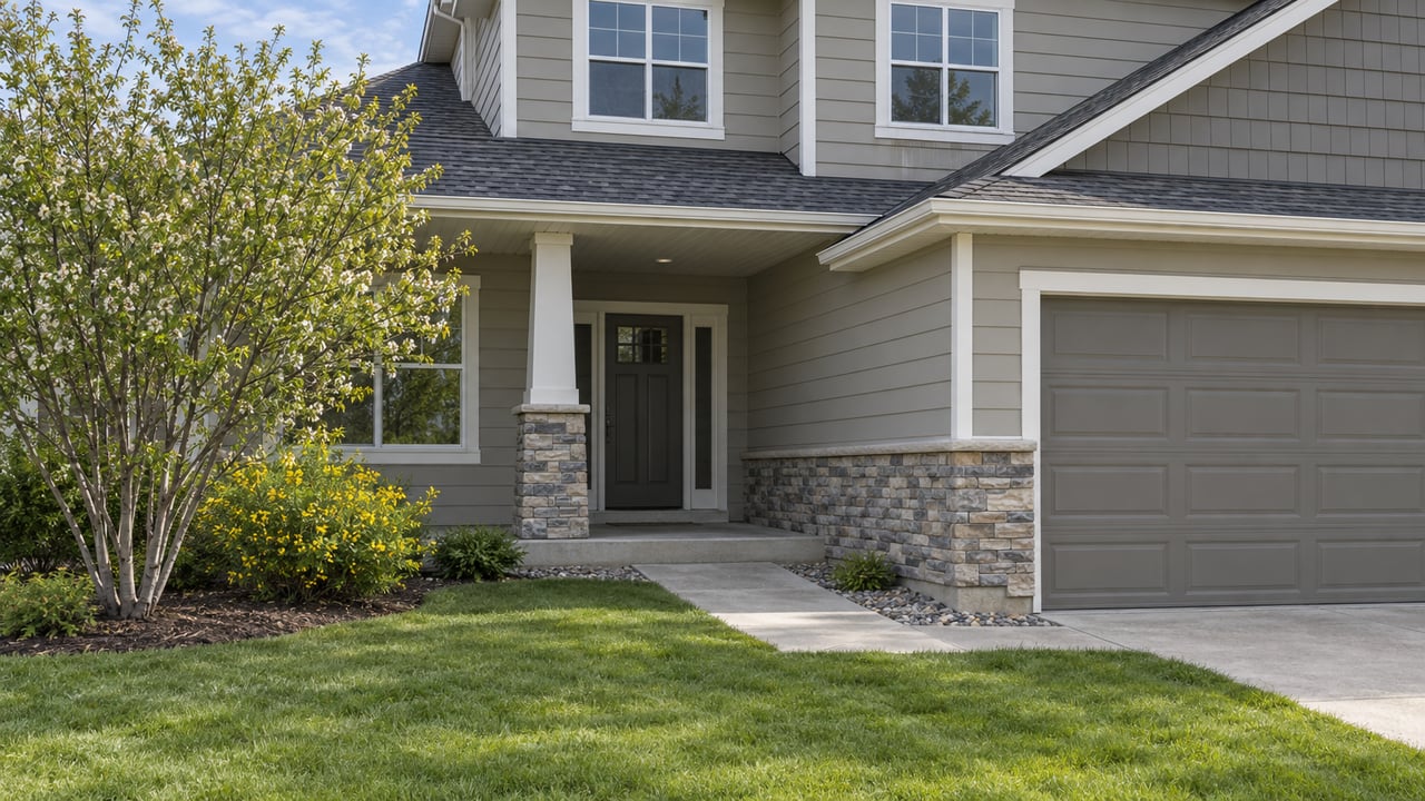 Greige suburban house with a recessed porch, stone accents, attached garage, front lawn, and concrete walkway.