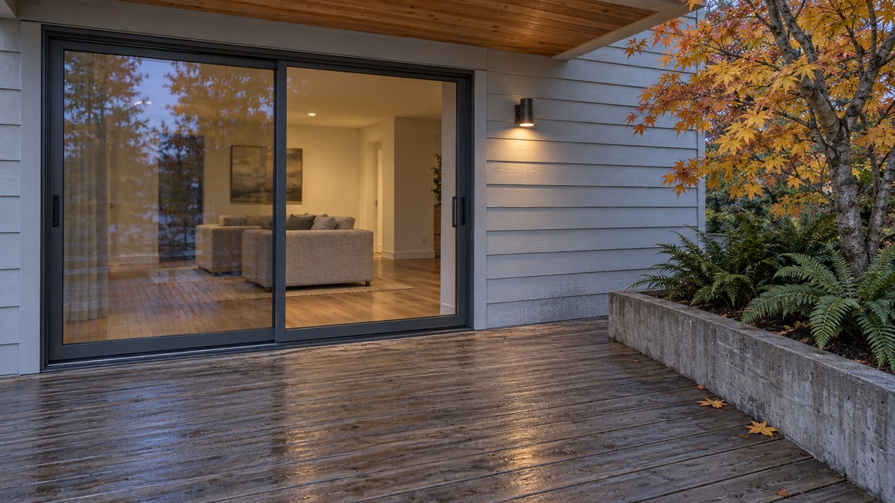 A cedar deck at dusk beside pale gray siding and closed glass doors, with autumn vine maple leaves and sword ferns in a raised concrete bed.