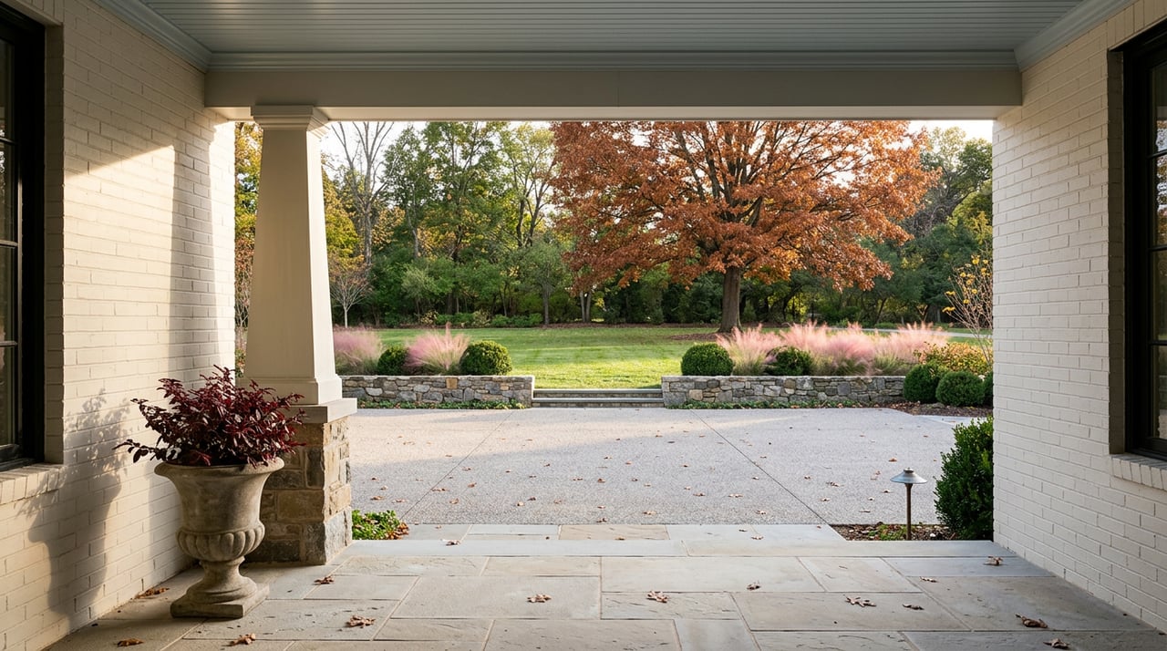 Covered porch frames a motor court, lawn, russet oak, clipped shrubs, and a stone urn.