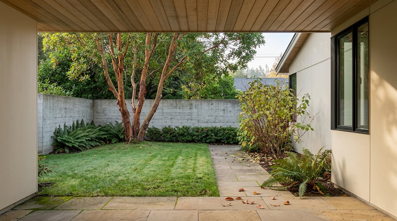 Stone pavers lead through a private garden toward a concrete wall, with a peeling-bark tree and cedar-clad wing.