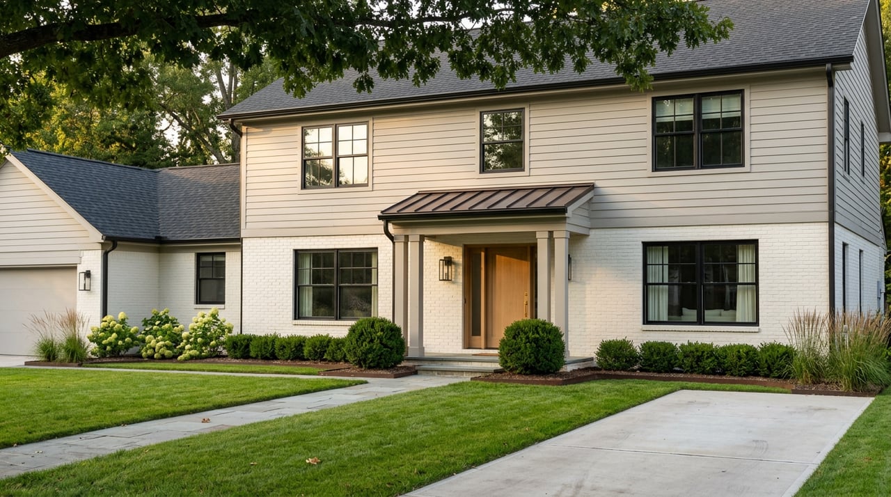 Suburban home with white brick and gray siding, centered oak door, attached garage, and a bluestone path across the lawn.
