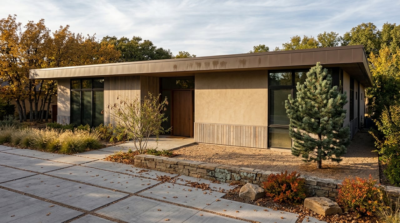 Single-story modern home with a dark metal roof, cedar and plaster facade, concrete pavers, and golden autumn trees.