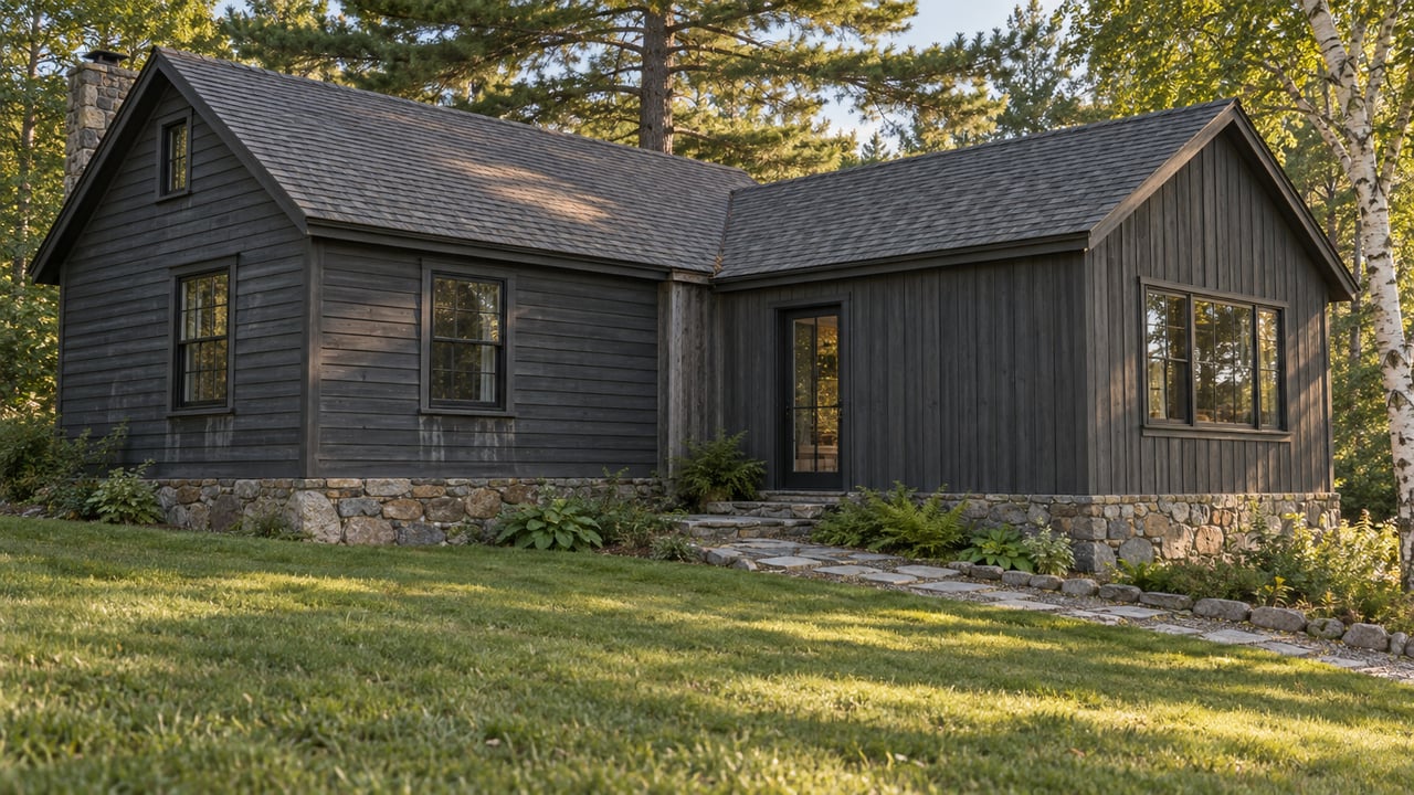 Charcoal cedar cottage joined to a lower side wing, with a fieldstone foundation and granite path across sloping lawn.