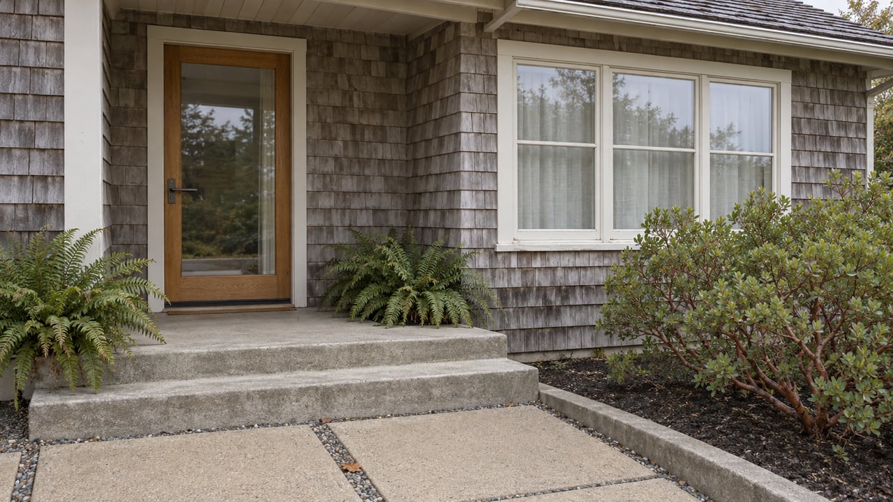 Weathered cedar-shingle cottage entrance with an oak-framed glass door, concrete steps, and manzanita beside the path.