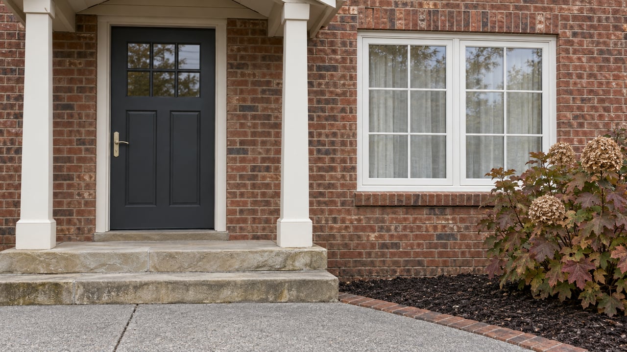 Brick home entrance with a charcoal door, paired white-framed casement window, sandstone steps and autumn oakleaf hydrangea.
