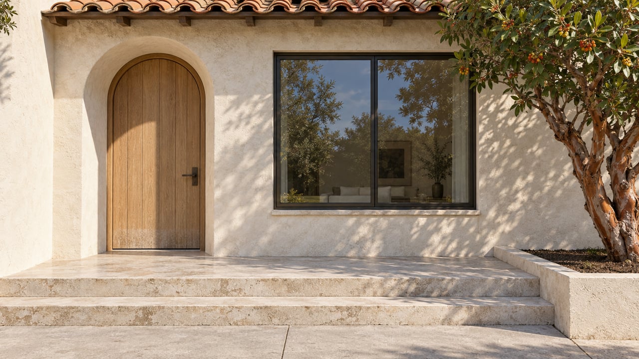 Sunlit ivory stucco entrance with a recessed arched oak door, bronze-framed window, terracotta eave, and pale stone steps beside a strawberry tree.