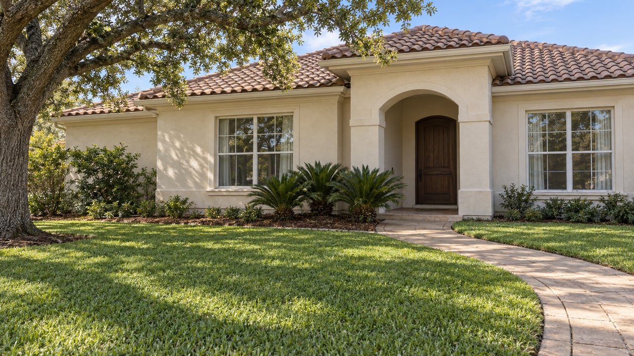 Ivory stucco home with a muted tile roof, arched front entry, broad lawn and mature live oak.