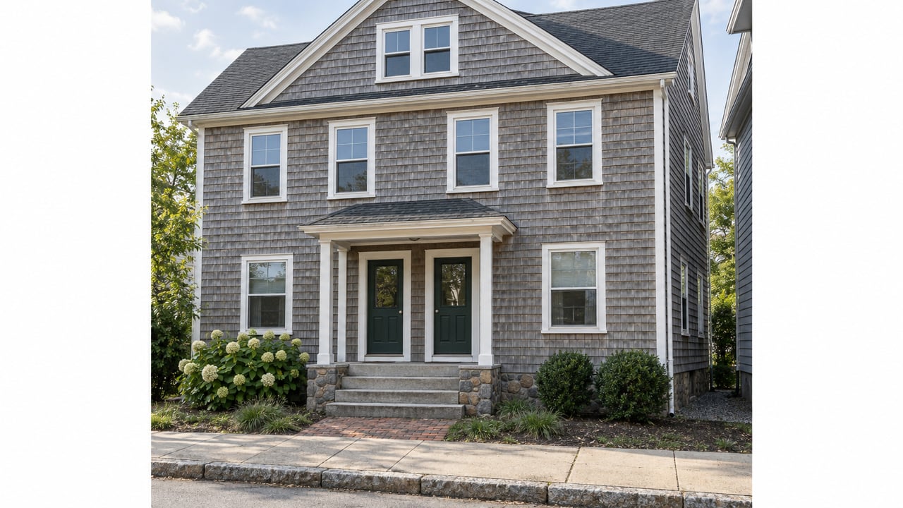 Weathered gray shingle two-family house with two adjacent green front doors and a narrow brick walk.