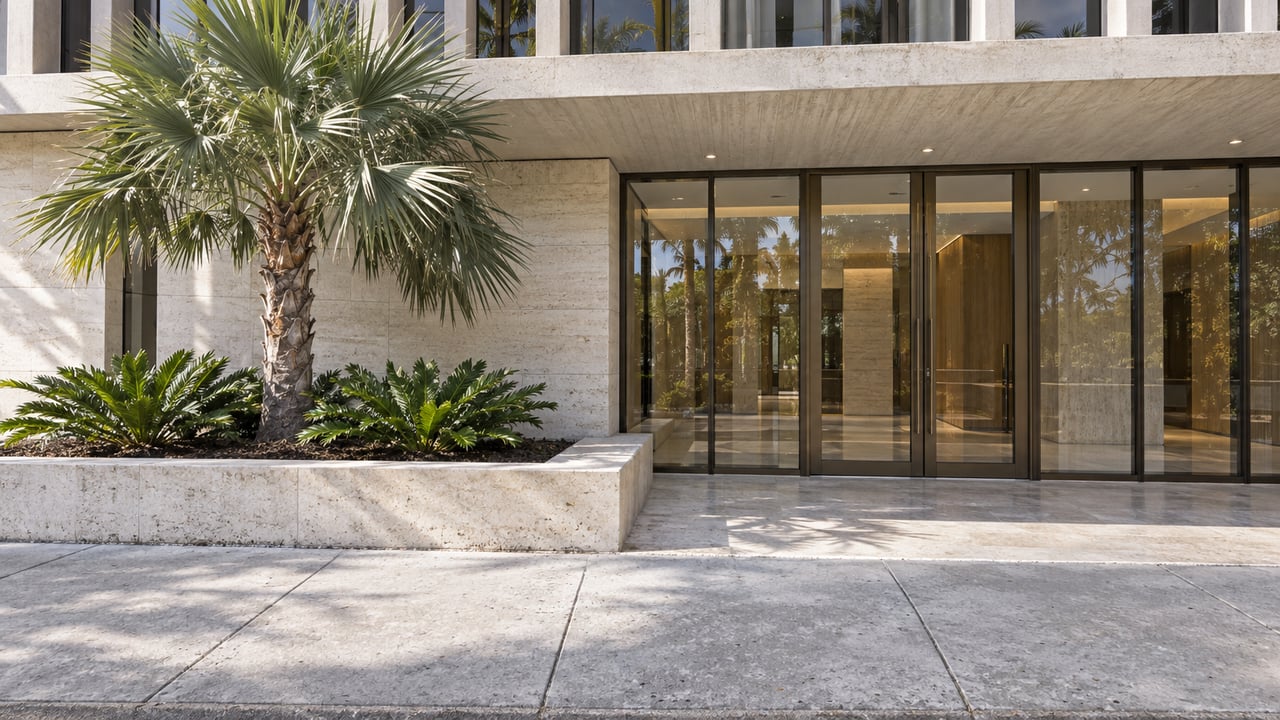 Condo entrance with bronze-framed glass doors, a pale stone approach, and a palm in a sidewalk planter.