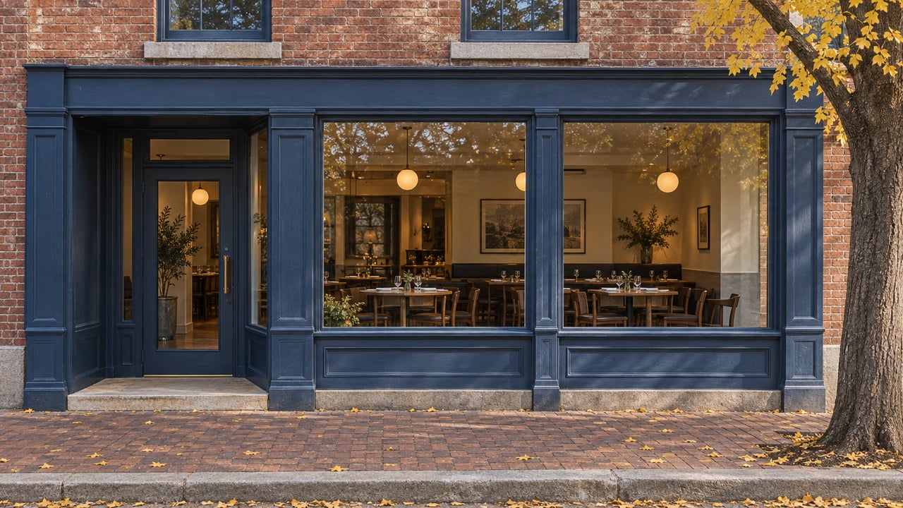 Red-brick storefront with blue trim, glazed dining-room windows, and a ginkgo tree with golden leaves.