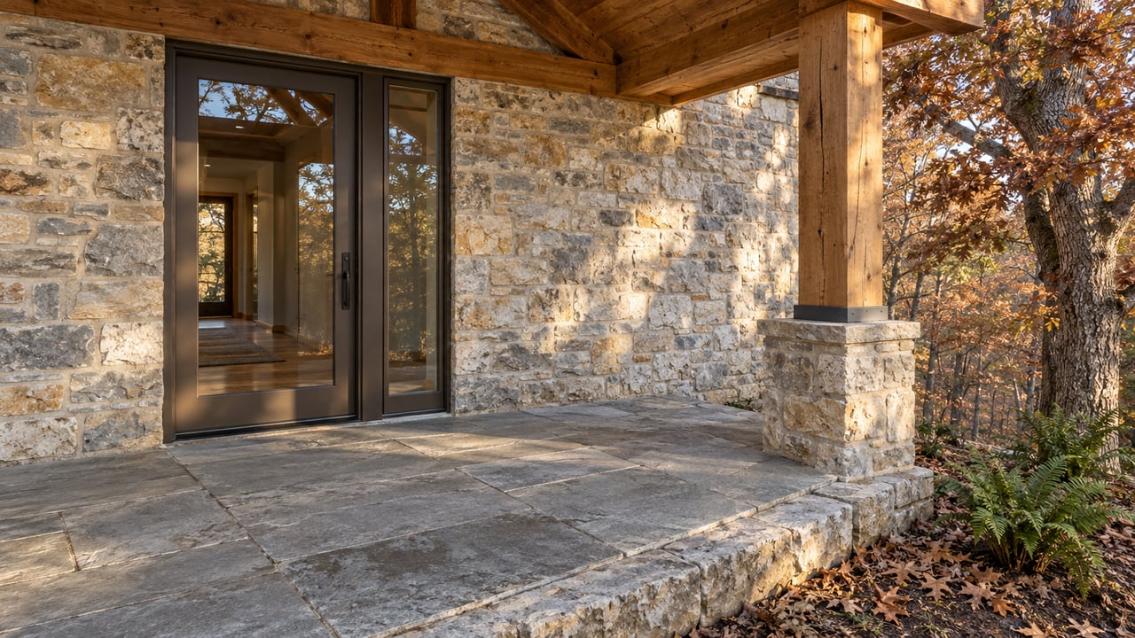 Timber-covered stone entry terrace with a dark-bronze glazed door, limestone paving, and an autumn white oak beside the sloping lot.
