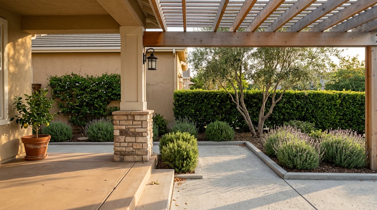 Suburban porch with stone-based column, potted citrus, lavender, and clipped shrubs in warm evening sunlight.
