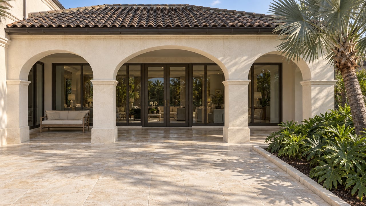 Ivory stucco home with dark barrel-tile roof, an arched covered terrace, limestone paving and a silver fan palm.