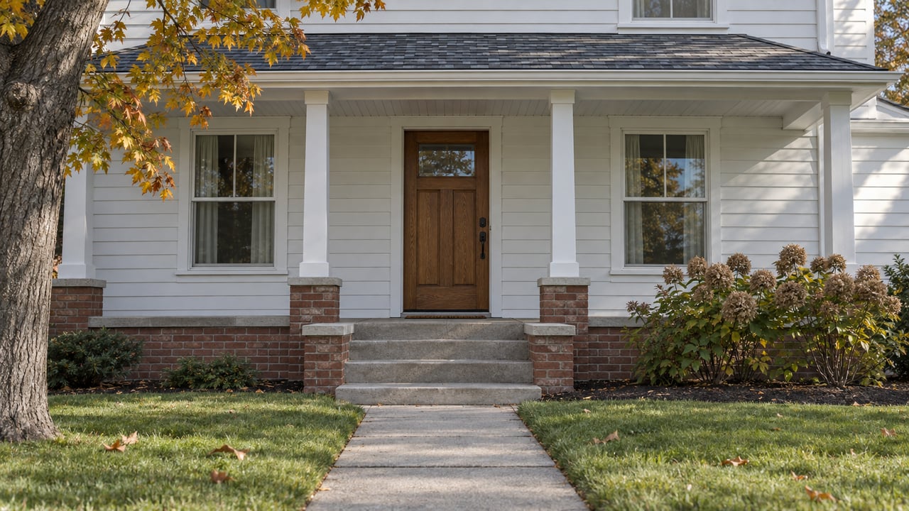 A white-sided traditional home with a brick entry porch, oak front door, autumn maple leaves and a concrete front walk.