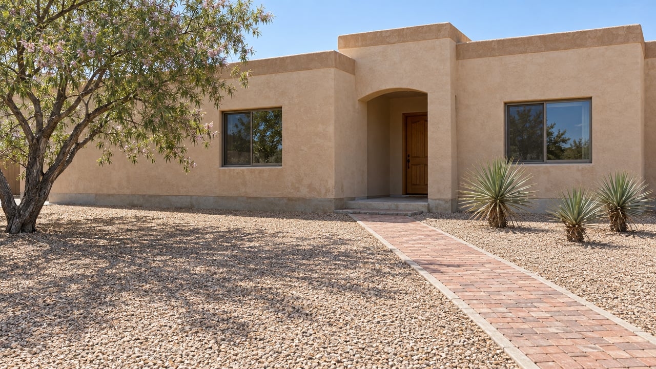 Sand-colored single-story stucco house with a shaded arched porch, brick front walk, gravel yard, desert willow and three yuccas.