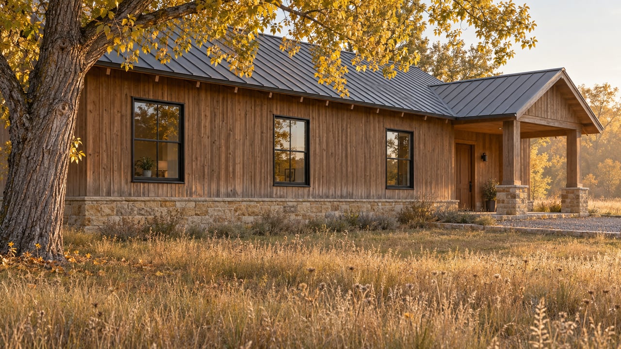 Cedar-sided house with a dark metal roof beside a golden-leaved tree in a tawny meadow.