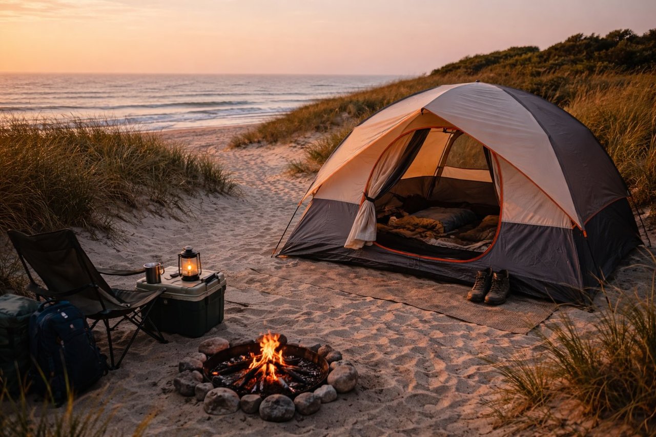 Tent set up near beach dunes with ocean in the background