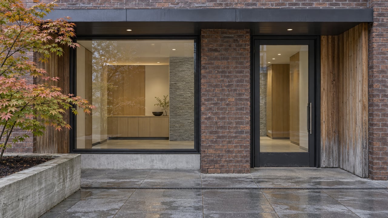 Rain-darkened brick and weathered cedar frame a glazed residential entrance beside a raised concrete bed with an autumn vine maple.