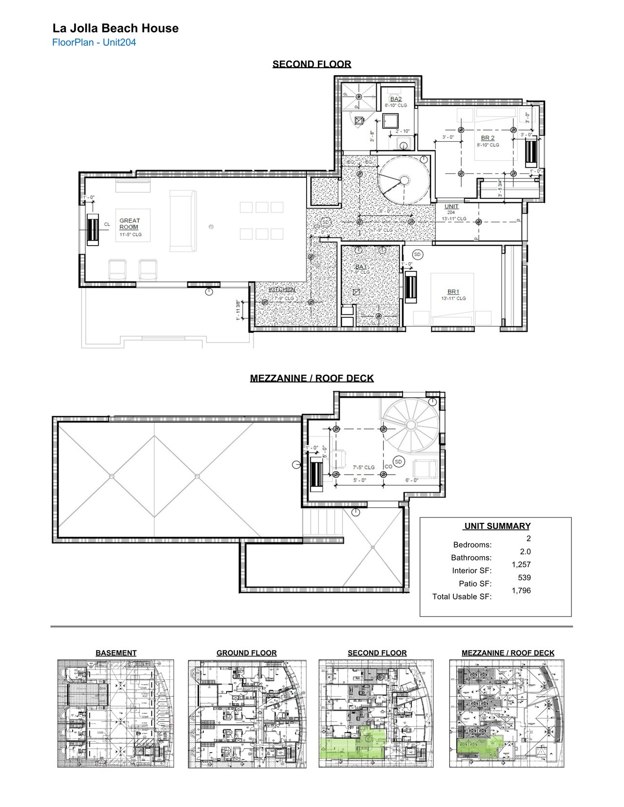 La Jolla Beach House Unit 204 floor plans, with second-floor and roof-deck layouts and a unit summary.