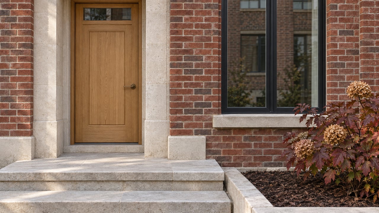 Close view of a red-brick townhome entrance with a cream limestone surround, oak door, black-framed window and burgundy oakleaf hydrangea.