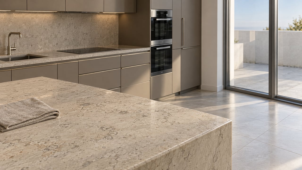 Ivory limestone kitchen island with a folded linen cloth, taupe cabinetry, and a glazed terrace door.
