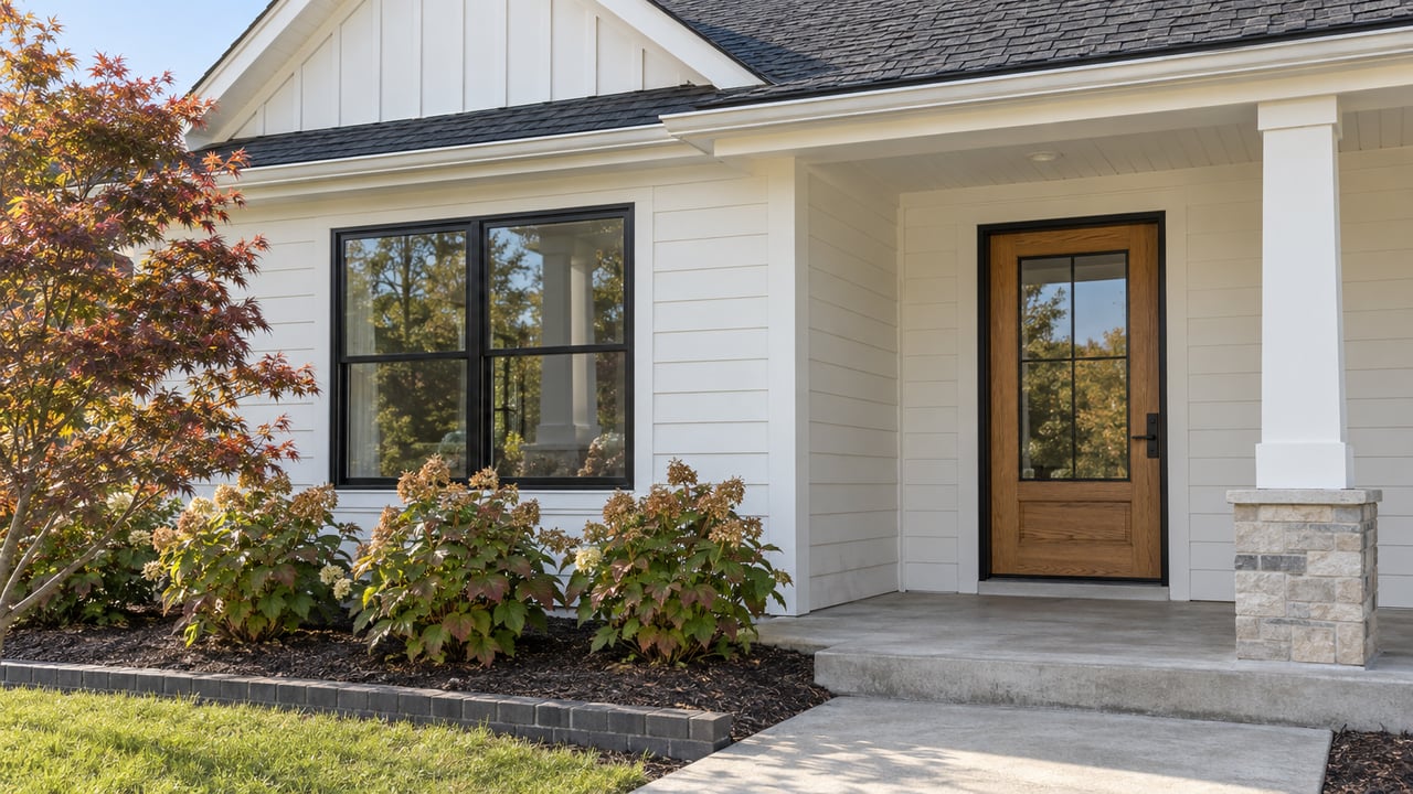 White-sided home with black-trimmed windows, an oak entry door, a concrete porch and autumn hydrangeas beside a brick-edged planting bed.