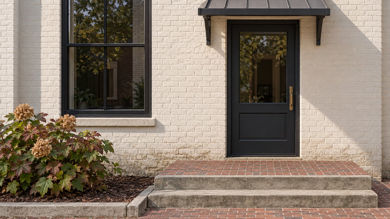 White brick home entrance with a black door, metal awning, and broad stone steps.