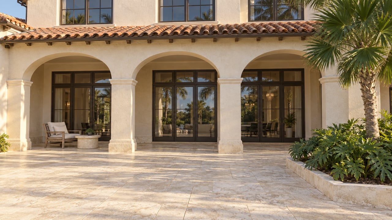Cream stucco home with terracotta roof tiles, shaded arches and bronze-framed glass doors facing a limestone terrace and one fan palm.