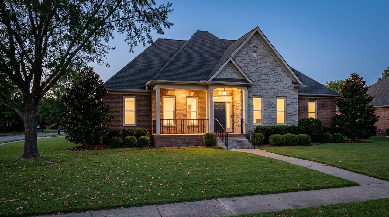Two-story brick-and-stone home with glowing windows and porch light beneath a deep-blue dusk sky.