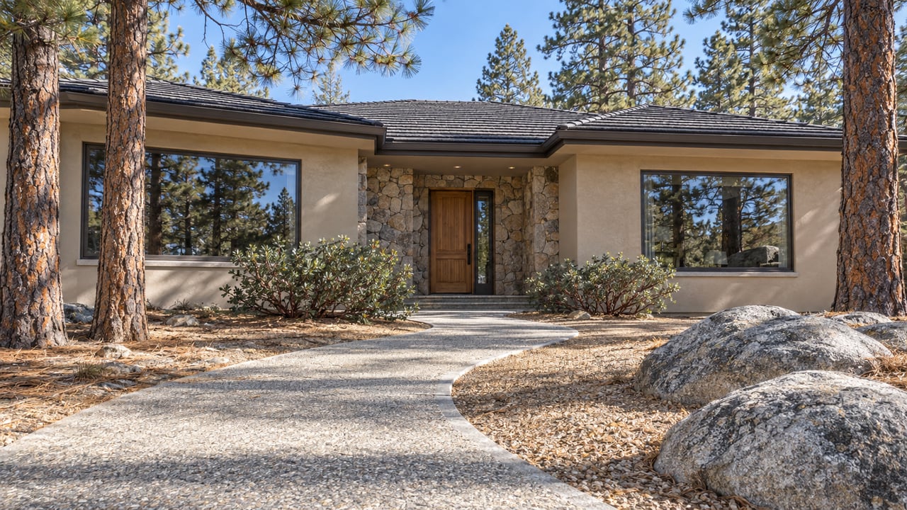 Warm stucco and granite home with bronze-framed windows, a broad entry walk, and mature ponderosa pines in rocky landscaping.