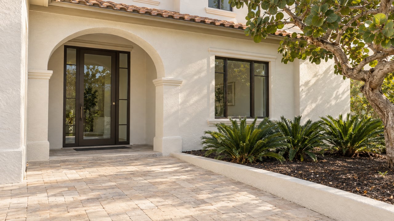 Stucco house with a deep arched glass entry, terracotta-colored roof tiles, and a broad paver approach.