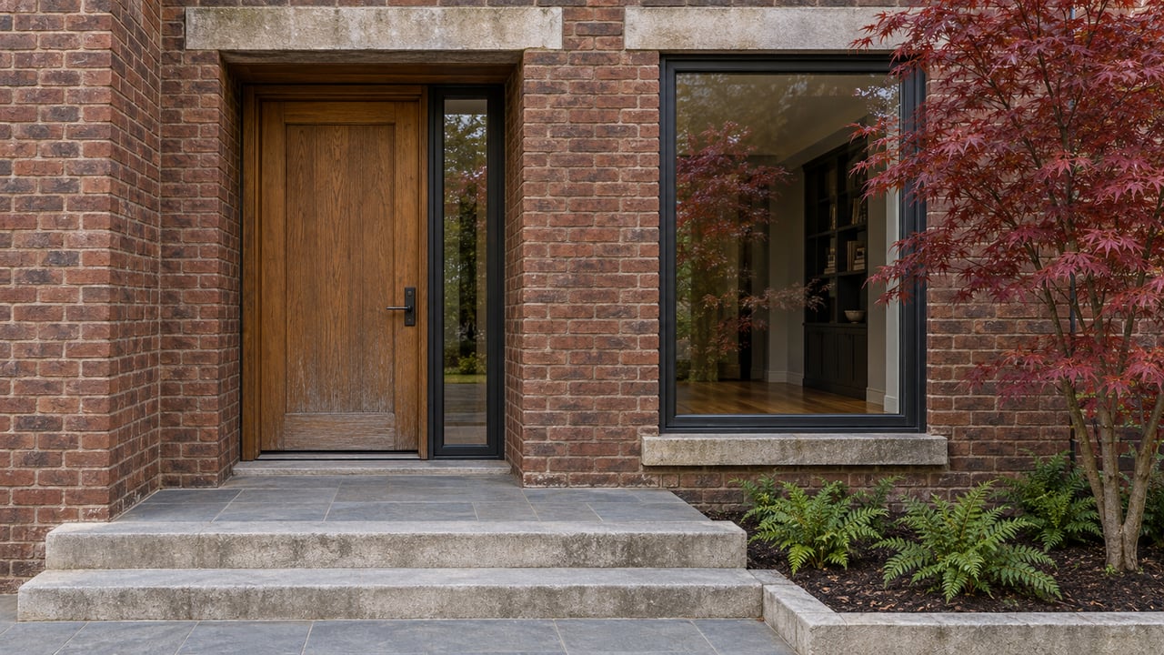 Brick residential entrance with an oak door, limestone steps and a tall charcoal-framed window beside an autumn maple.