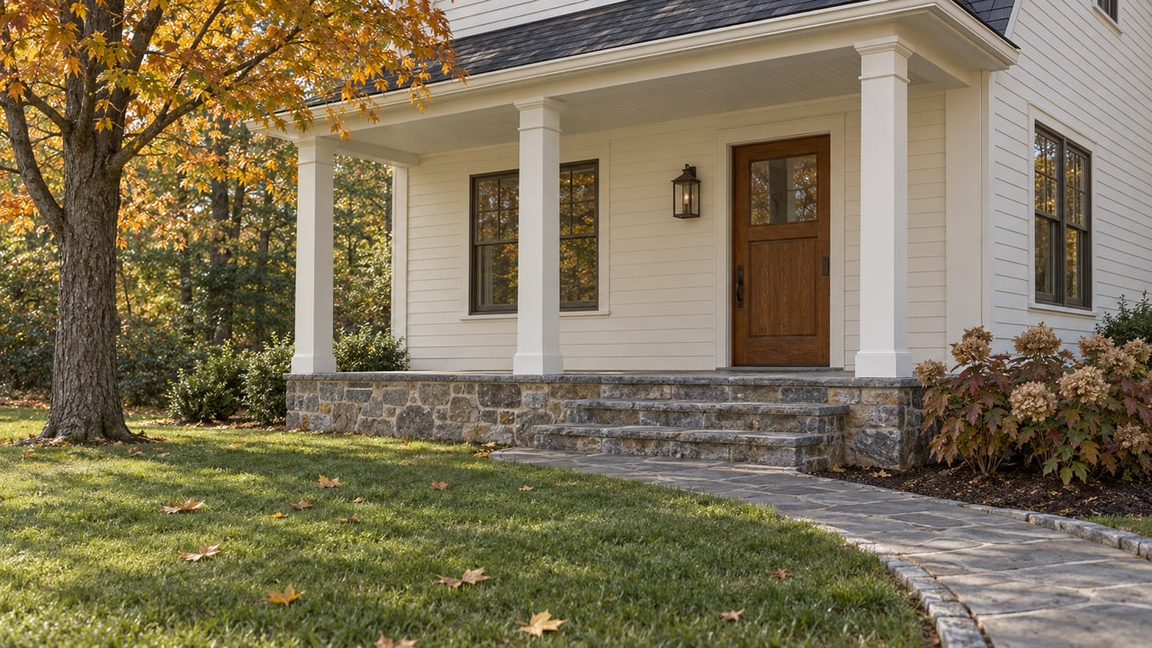 Cream-sided gabled home with a stone porch, curved flagstone walk, and golden maple leaves across a deep front lawn.