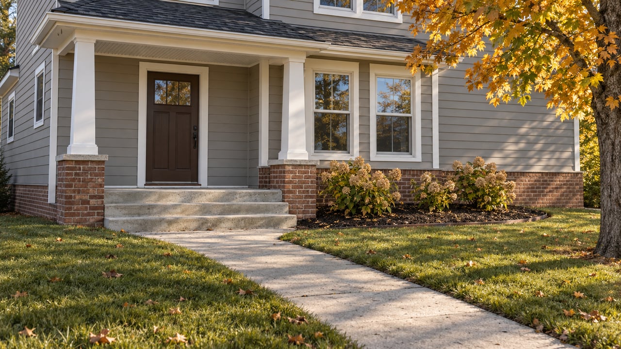 Autumn sunlight on a gray-sided home's covered entry, concrete approach and broad lawn beneath an orange-leaved maple.