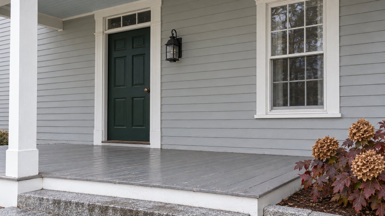 Gray clapboard home entrance with a deep-green door, white sash window, weathered porch boards and autumn oakleaf hydrangea beside granite steps.