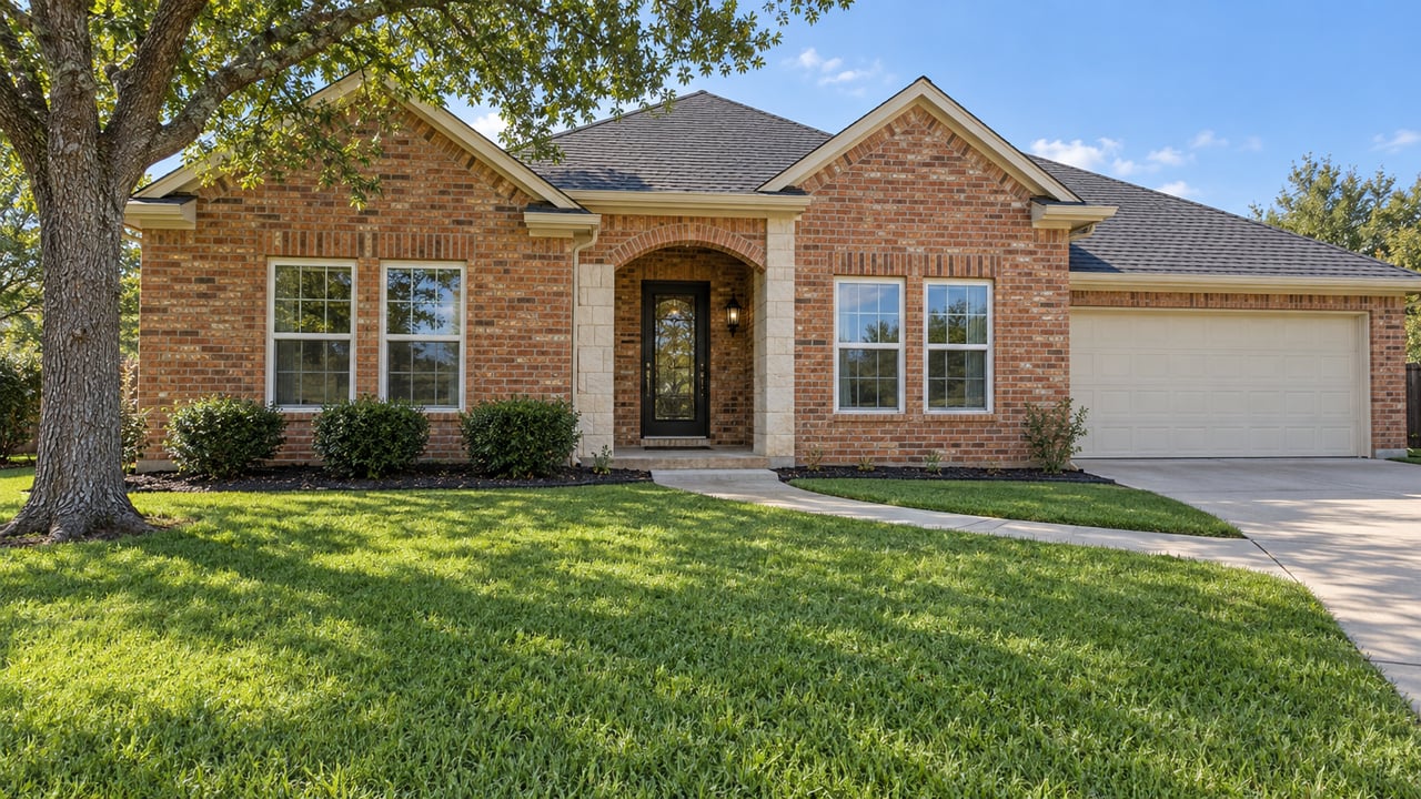 Broad orange-red brick home with charcoal gables, a recessed arched entrance, curved concrete walk and a mature oak beside a deep lawn.