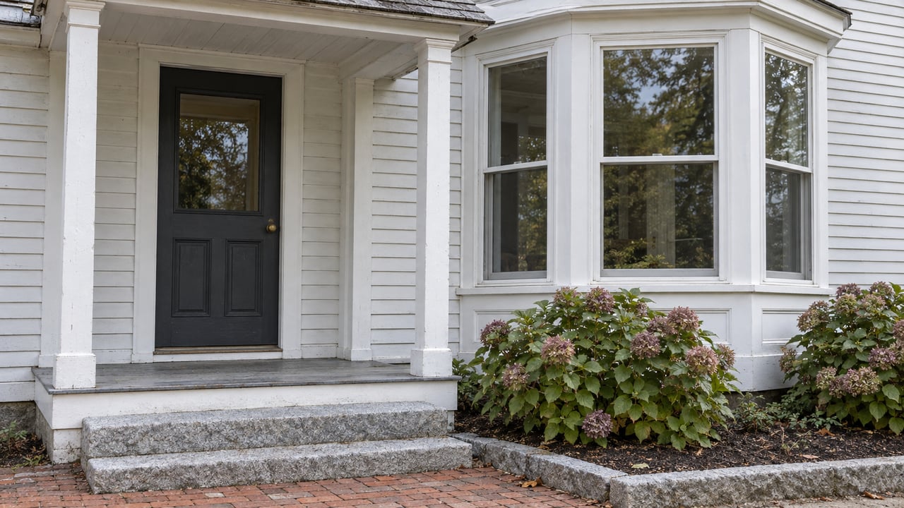 White clapboard house entry with a charcoal door, weathered cedar porch roof, bay window, granite steps, and flowering hydrangeas.
