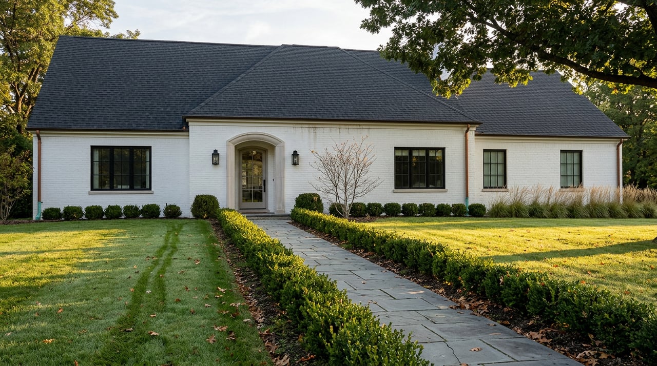 White-brick home with a steep gabled roof, arched limestone entry, and curving walkway across a dewy lawn.