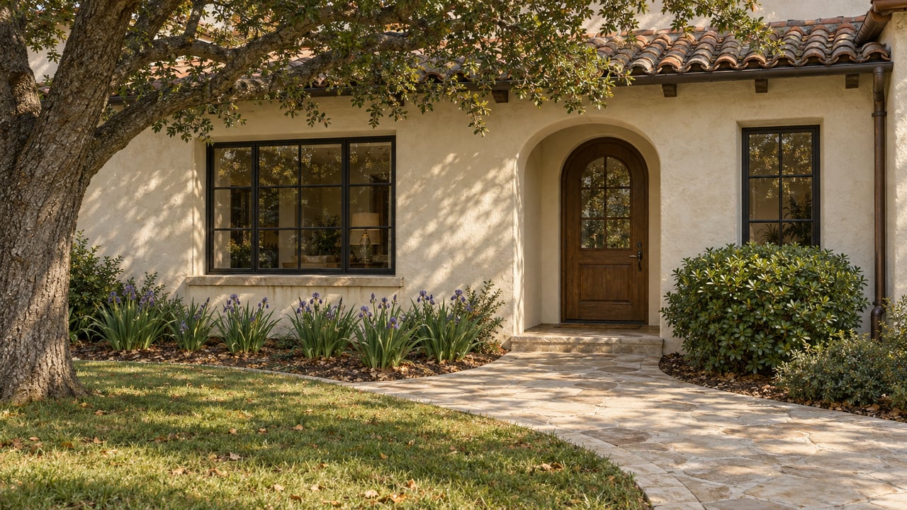 Cream stucco home with an arched oak entrance, clay tile roof and limestone garden approach beneath a mature oak.