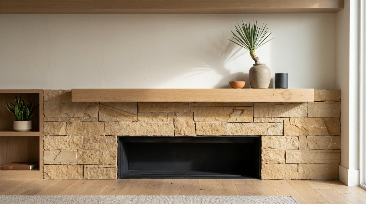 Sandstone hearth wall with a white oak mantel, sculptural vase, ceramic objects, and an unlit black firebox.