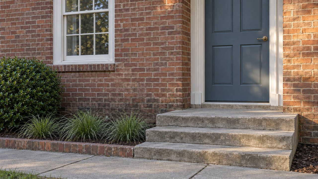 Brick house entrance with a slate-blue door, concrete steps, and clipped shrubs beside the walk.