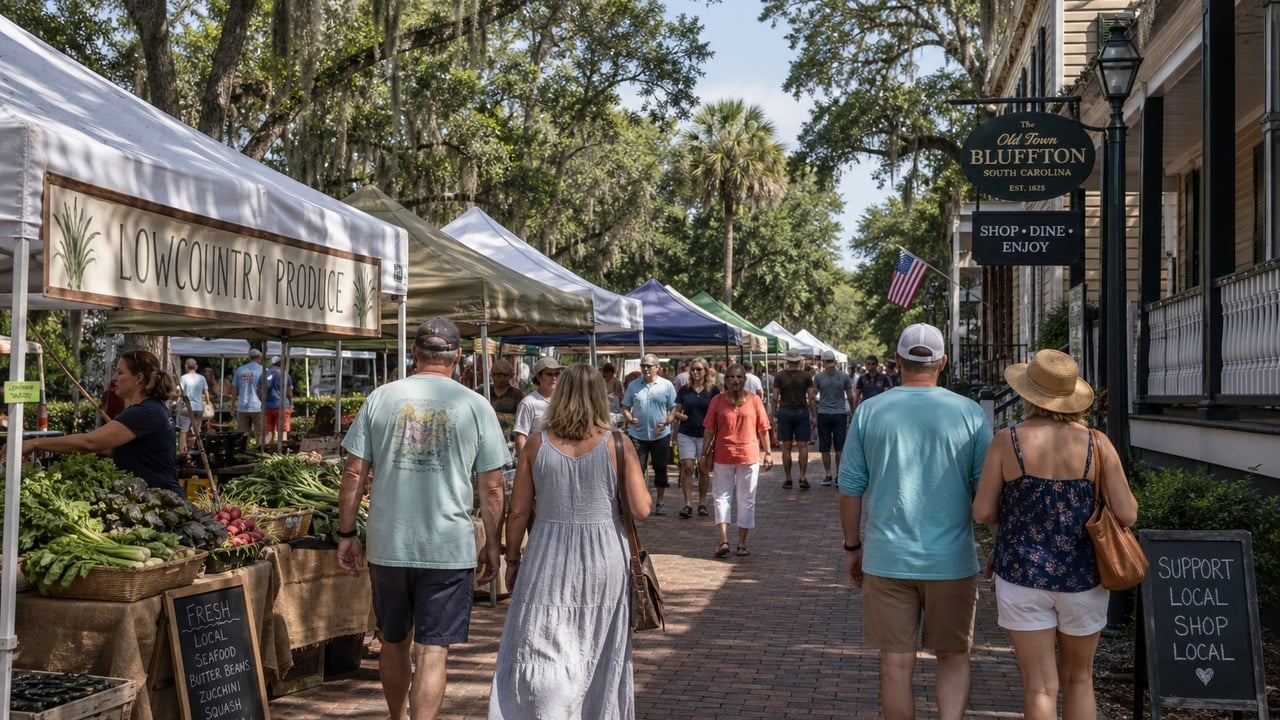 Locals and visitors shopping the Bluffton Farmers Market